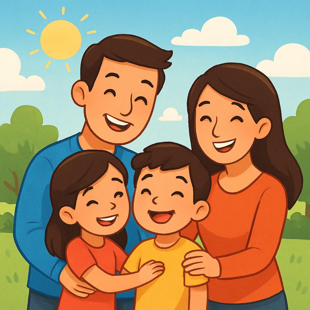 Persona con una famiglia felice nel parco, con un importante aria di un sole sorgente