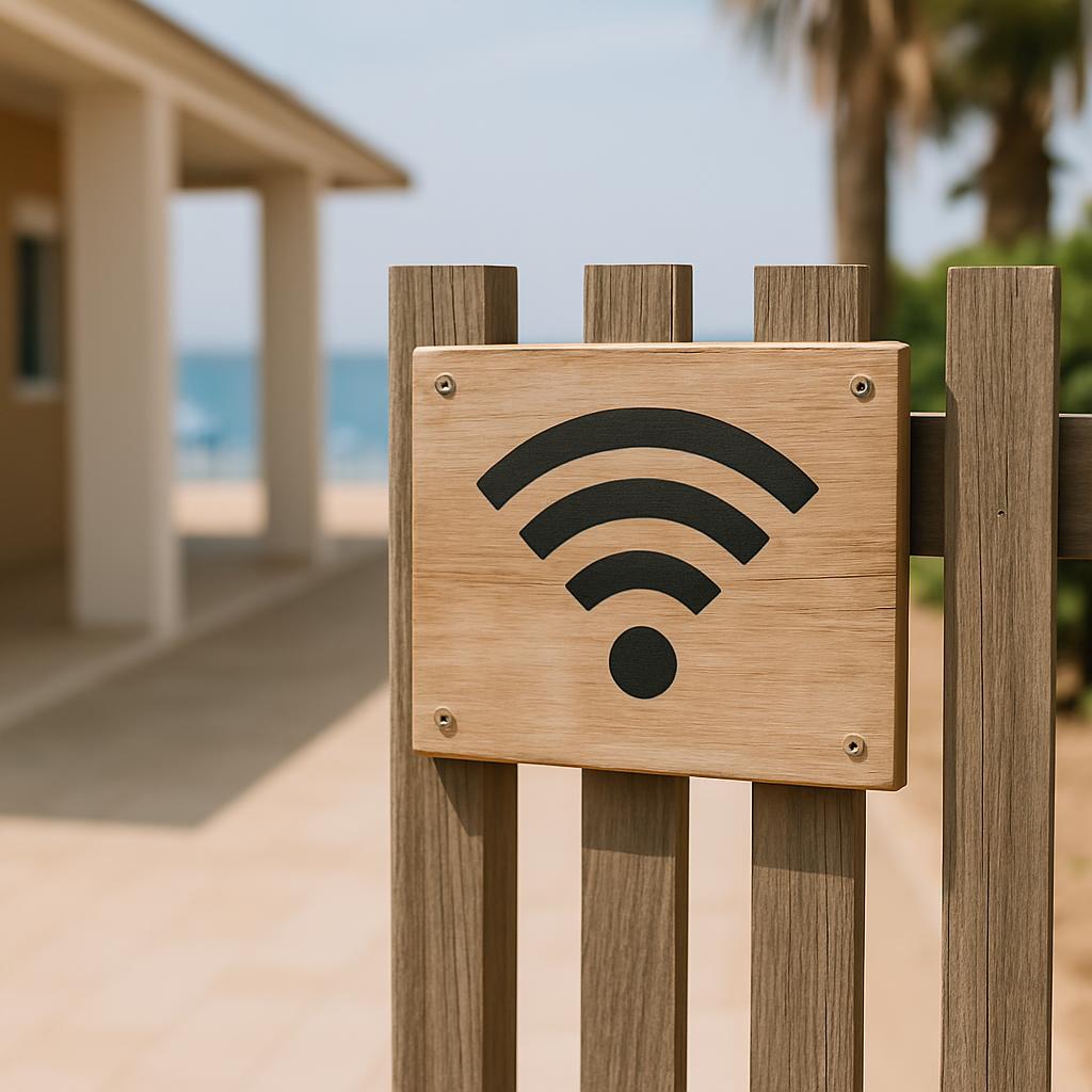 Un segnale Wi-Fi è visualizzato sul tablero vicino alla spiaggia.